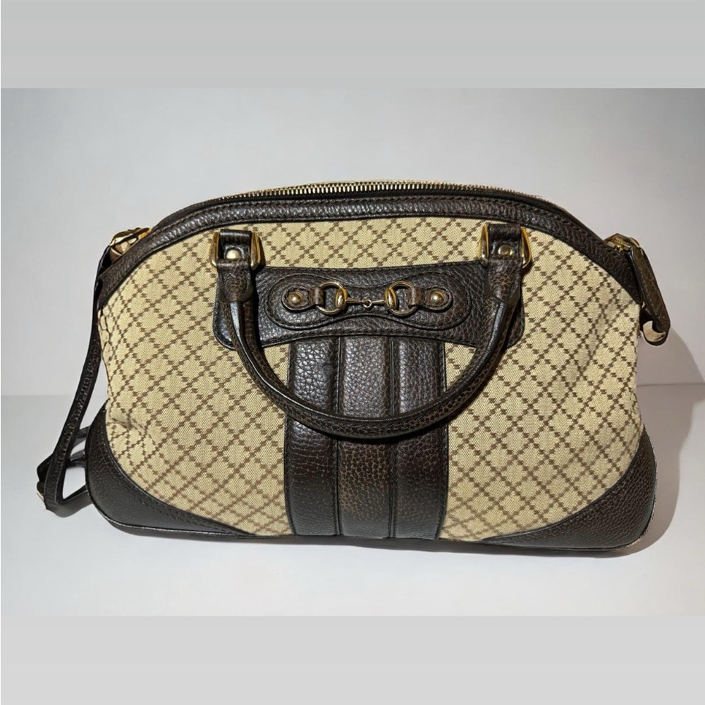 Gucci Beige/Brown Diamante Canvas And Leather Large Horsebit Catherine Satchel